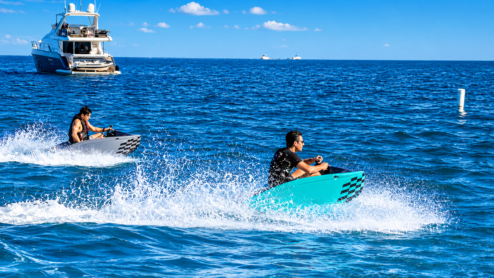 Wavekart riders on open water